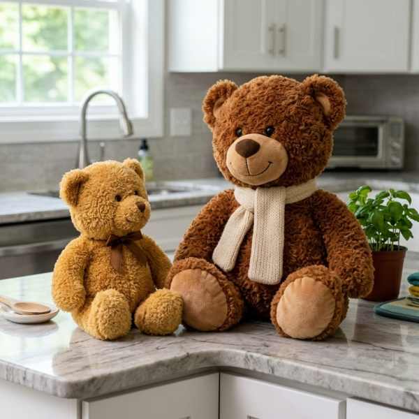Two teddy bears on a kitchen island with a small potted plant and folded towels