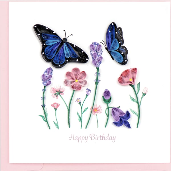 Birthday card with paper butterflies and flowers on a white background