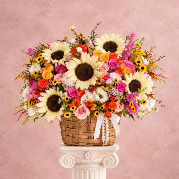 Basket arrangement of sunflowers and colorful roses