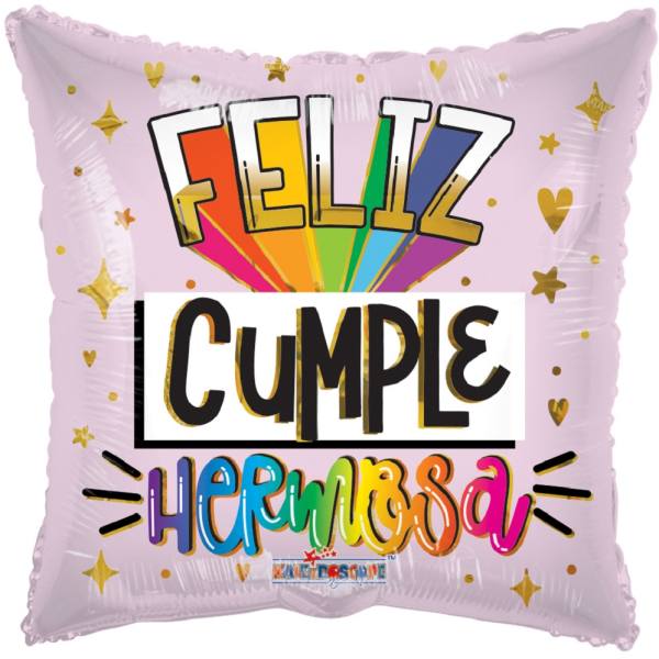 Pink foil balloon with colorful "Feliz Cumple HERMOSA" text