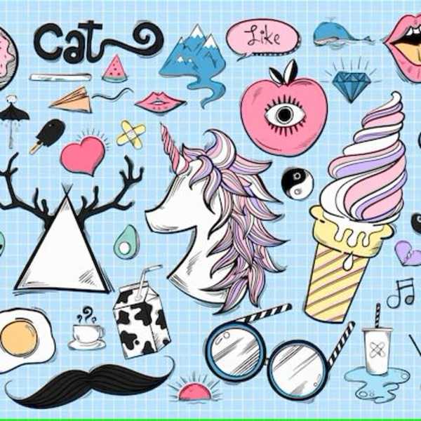 Colorful doodle collage with a unicorn, cactus, donut, and other icons