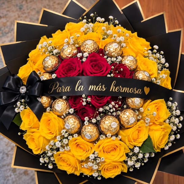 Bouquet of yellow and red roses with gold chocolates and a black ribbon