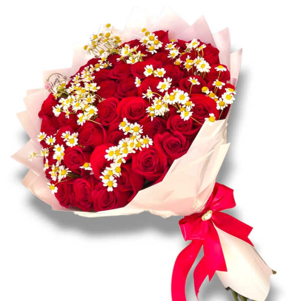 Bouquet of red roses with small white daisies and pink wrapping