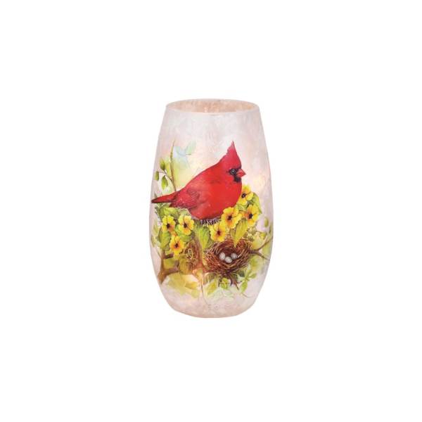 Decorative glass vase with a red bird and yellow flowers