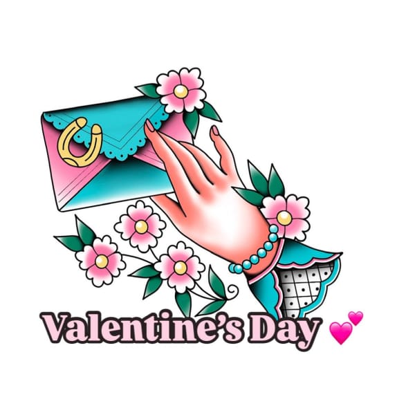Valentine's Day graphic with a hand holding an envelope and pink flowers