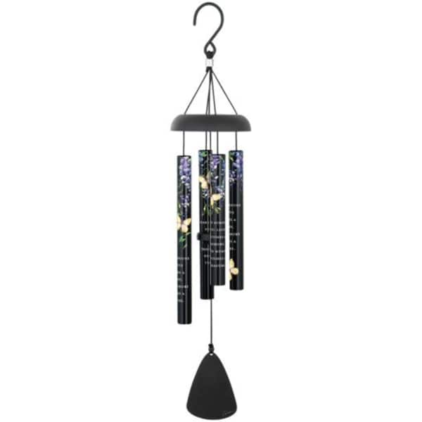 Black wind chime with floral-printed tubes and a hanging clapper