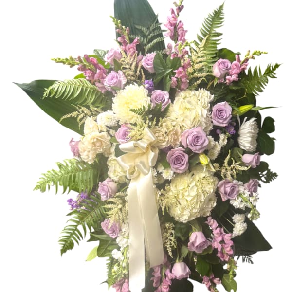 Lavender roses and cream hydrangeas with a satin ribbon