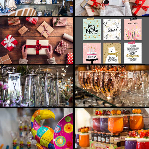 Collage of gift items, cards, lanterns, and decorative home accents