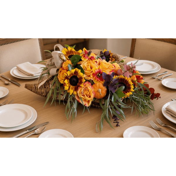 Autumn floral centerpiece with sunflowers, roses, and a small pumpkin in a wicker cornucopia