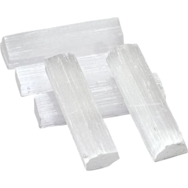 Four white selenite crystal sticks arranged on a white background