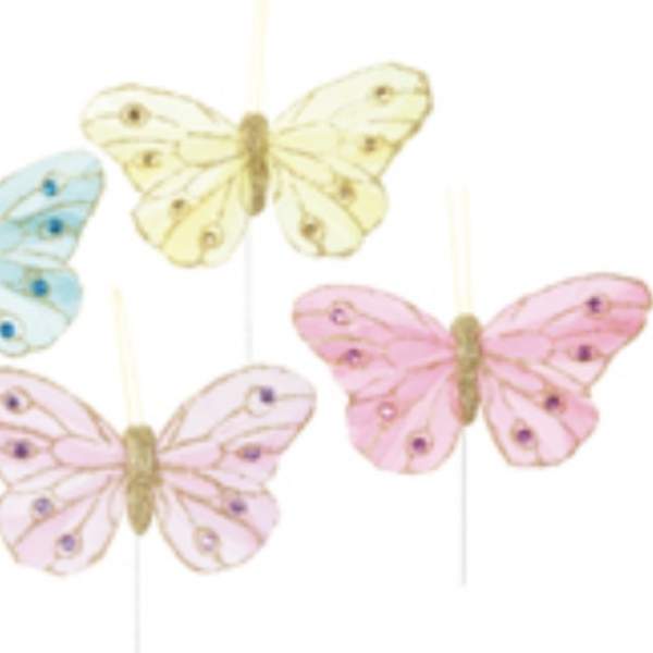 Pastel butterfly decorations on sticks in pink, blue, and yellow