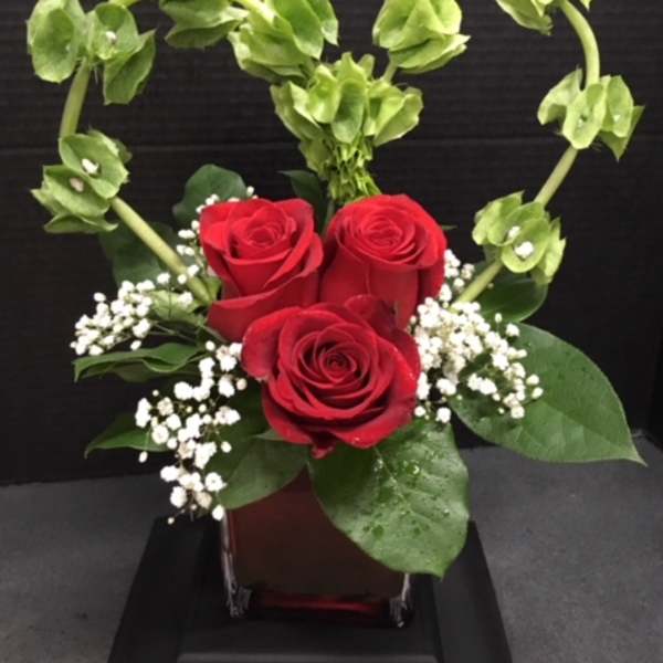 Red roses with baby's breath and green bells of Ireland in a vase