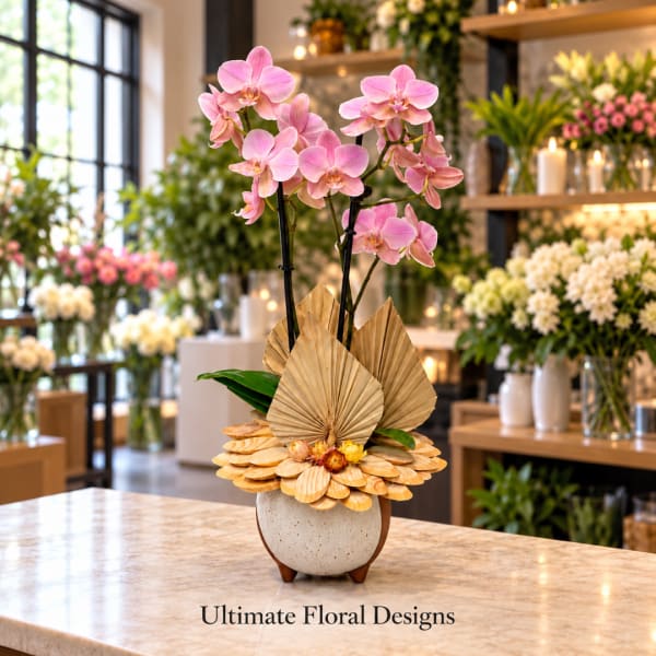 Pink orchids in a decorative ceramic vase with fan-shaped accents