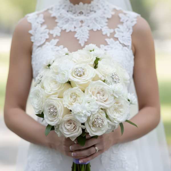 Bride holding a white rose bouquet with jeweled accents