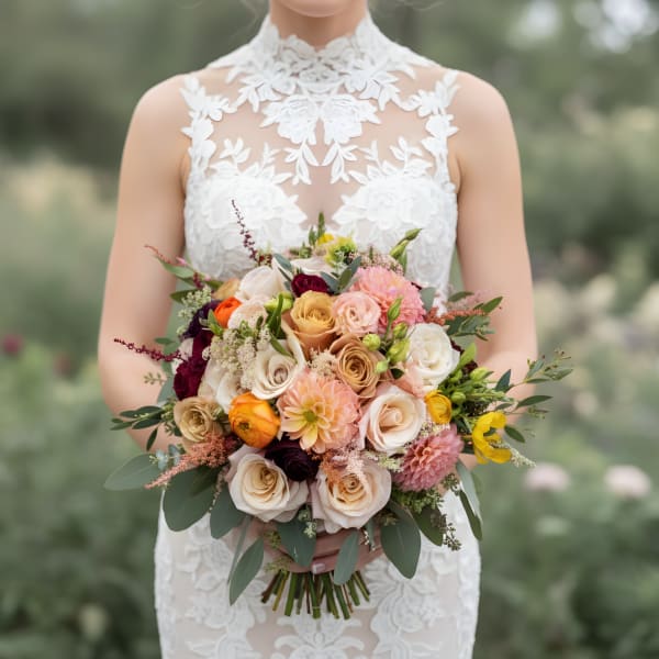 Bride holding a bouquet of roses, ranunculus, and dahlias