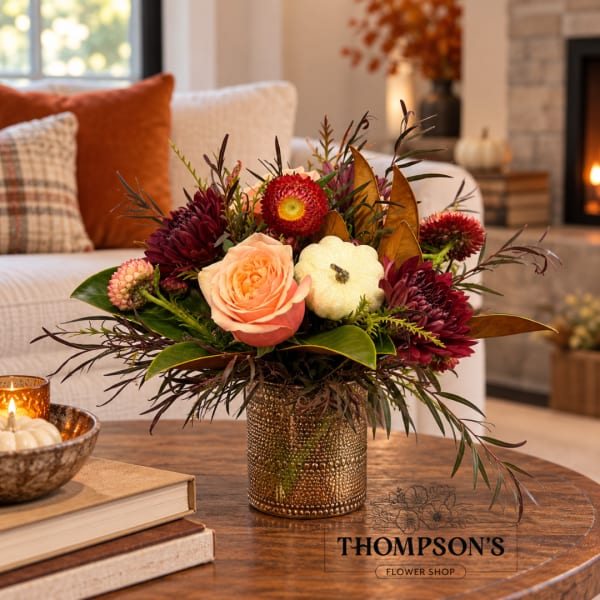 Peach rose arrangement with burgundy blooms in a gold vase