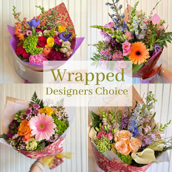 Collage of colorful wrapped mixed flower bouquets with "Wrapped Designers Choice" text.