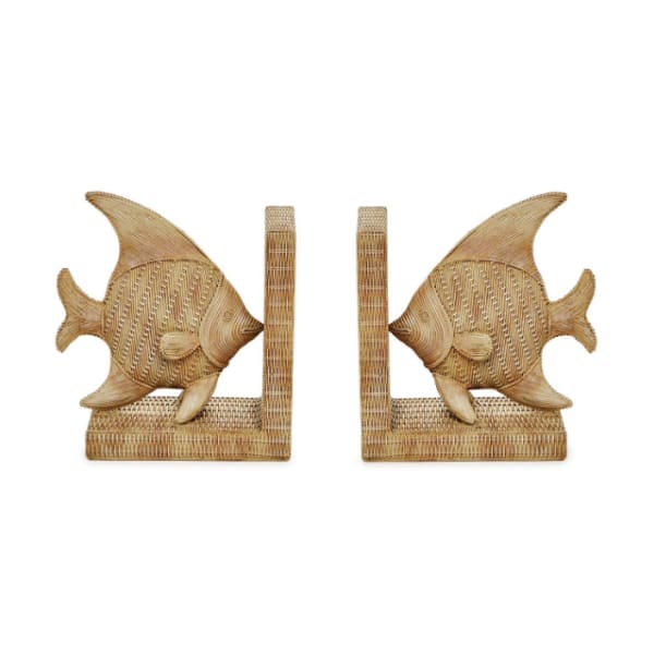 Pair of woven fish-shaped bookends on a white background