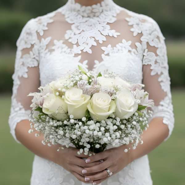 Bride holding a white rose bouquet with baby's breath