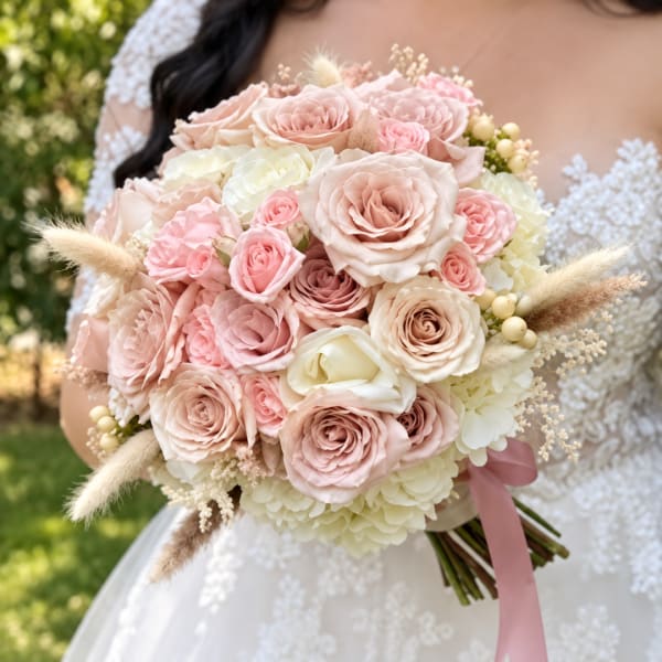 Bride holding a blush and ivory rose bouquet with a pink ribbon