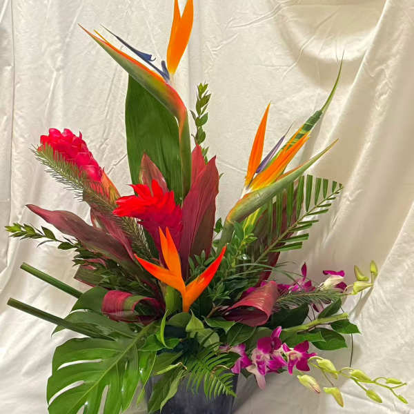 Tropical flower arrangement with bird of paradise and orchids in a dark vase