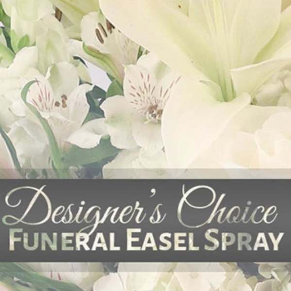 White funeral easel spray with lilies and alstroemeria