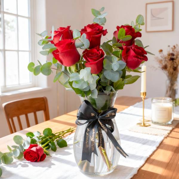 Bouquet of red roses in a clear glass vase with a black ribbon