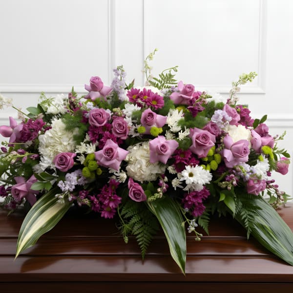 Lavender and white floral casket spray with roses and daisies