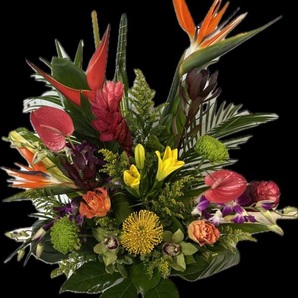 Tropical bouquet with bird of paradise, orchids, and lilies