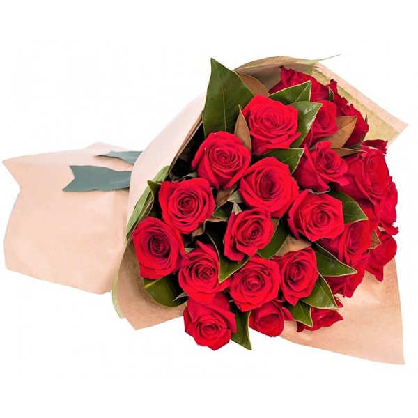 Bouquet of red roses wrapped in tan paper