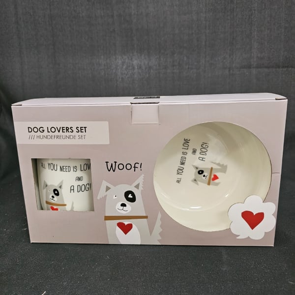 Dog lovers gift set in a box with a mug and plate featuring a cartoon dog