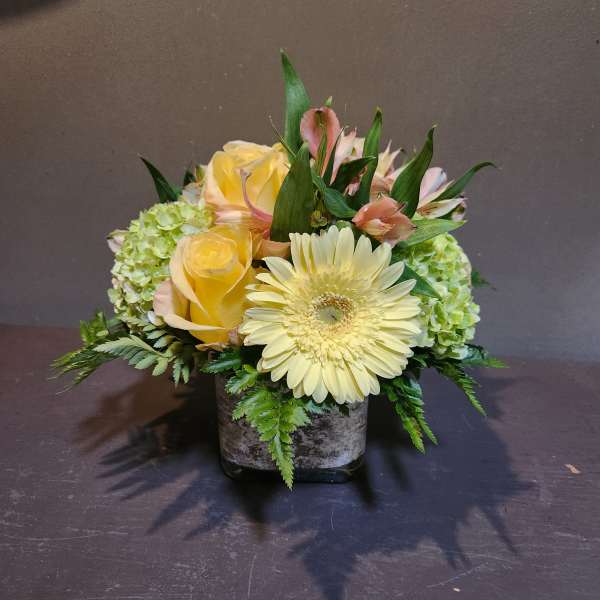 Yellow roses and a pale gerbera daisy in a square vase