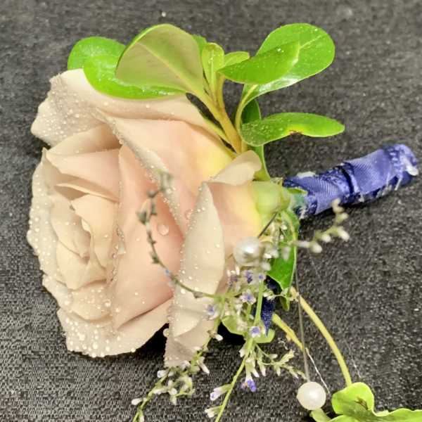 Blush rose boutonniere with green leaves and blue ribbon