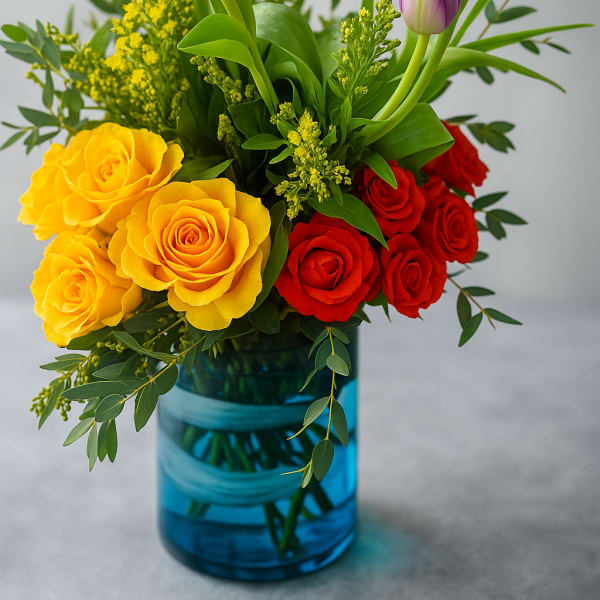 Bouquet of yellow and red roses with purple tulips in a blue vase