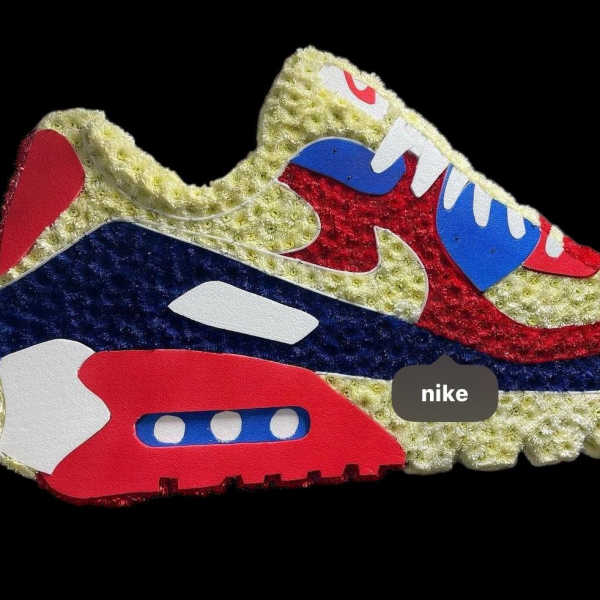 Nike sneaker-shaped decorative piece with red, blue, white, and cream textures