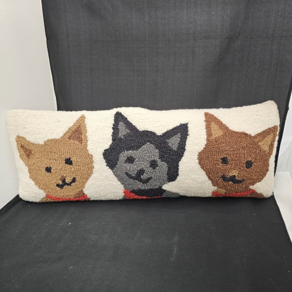 Rectangular cat-themed woven pillow with three cat faces
