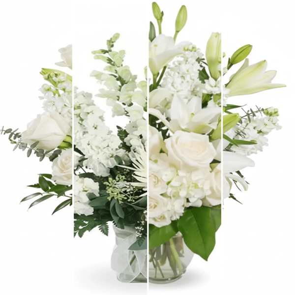 White lilies and roses in a glass vase