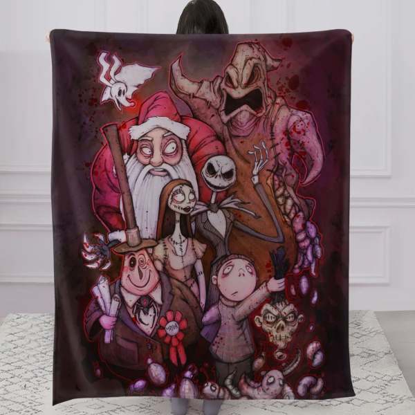 Person holding a dark Halloween-themed blanket with cartoon characters