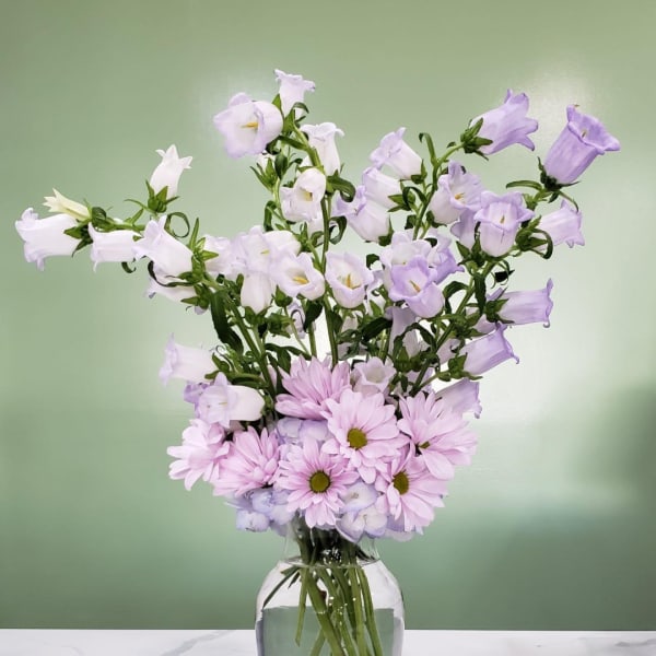 Lavender bellflowers and pink daisies in a clear glass vase