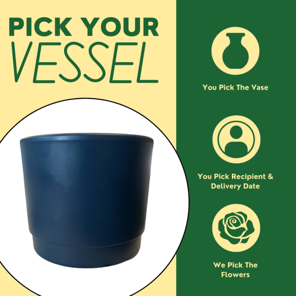 Blue vase on a promotional graphic with text
