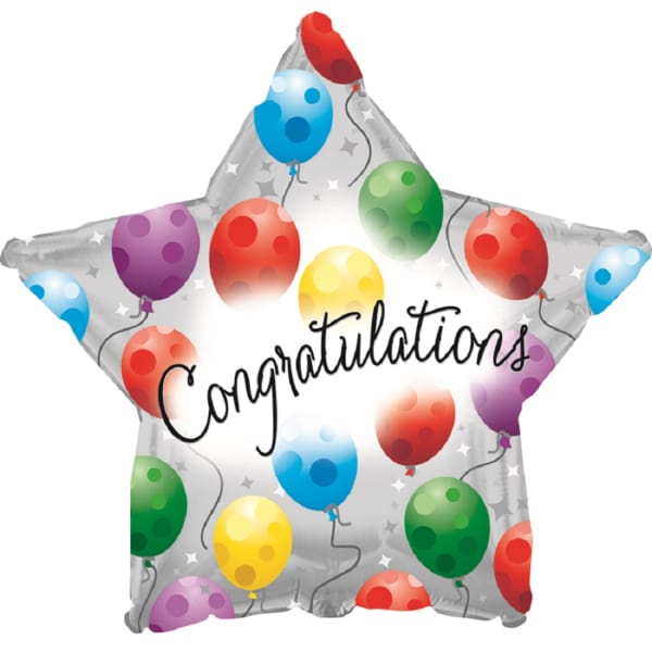Star-shaped balloon with colorful balloons and "Congratulations" text