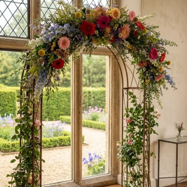 Colorful floral arch with mixed blooms and trailing greenery