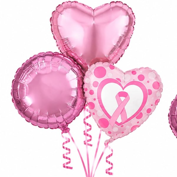 Pink heart-shaped balloons with a breast cancer ribbon design