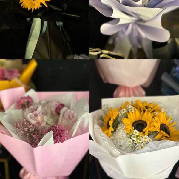 Collage of wrapped bouquets with sunflowers, roses, and pink blooms