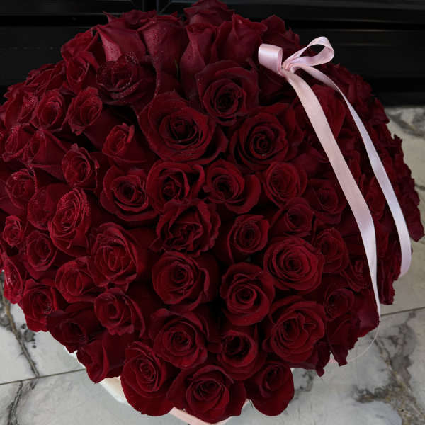 Large bouquet of deep red roses tied with a pale pink ribbon