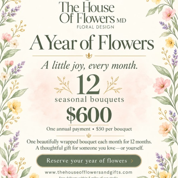 Promotional poster for a year of flowers subscription with floral border