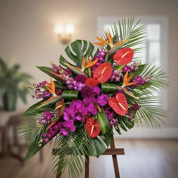 Tropical floral arrangement with orchids, anthuriums, and bird of paradise