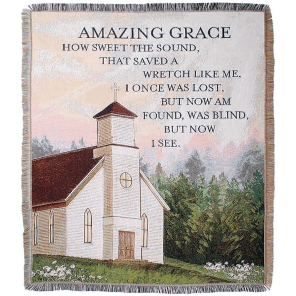 Tapestry blanket with a church scene and the words Amazing Grace