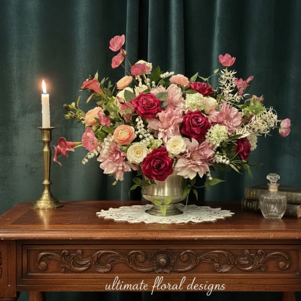 Pink and red floral arrangement in a metal vase beside a lit candle