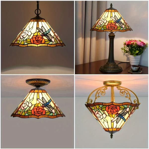Stained-glass floral lamp shades with rose and dragonfly designs
